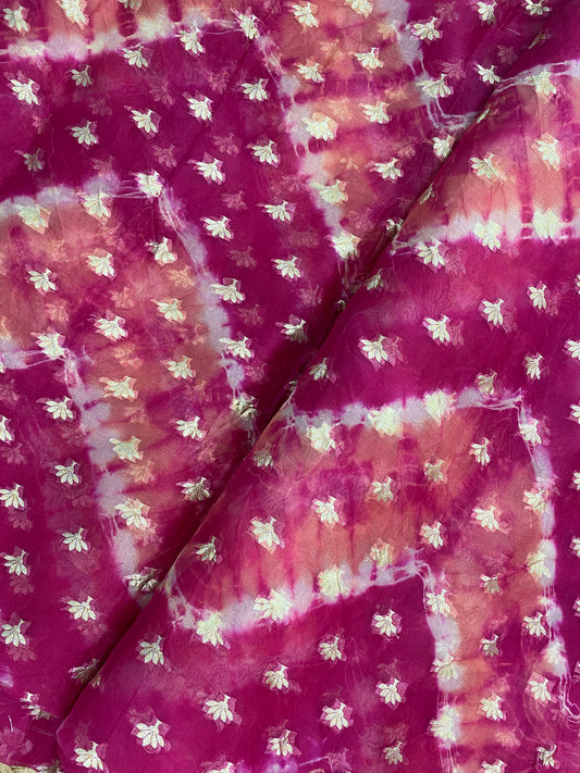 Amazing Pretty Pink Zig Zag Print With Floral Zari Weaving On Silk Organza Fabric