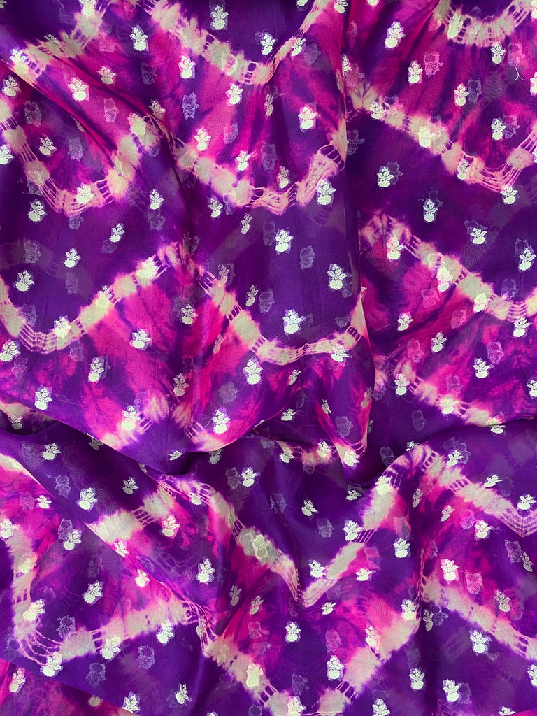 Premium Glorious Purple Shade Zig Zag Print With Traditional Zari Weaving On Silk Organza Fabric