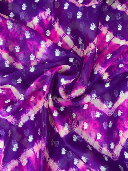 Premium Glorious Purple Shade Zig Zag Print With Traditional Zari Weaving On Silk Organza Fabric