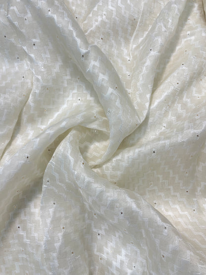 Classic Unique Zig Zag White Thread Embroidery With Mukesh Work On Silk Organza Fabric