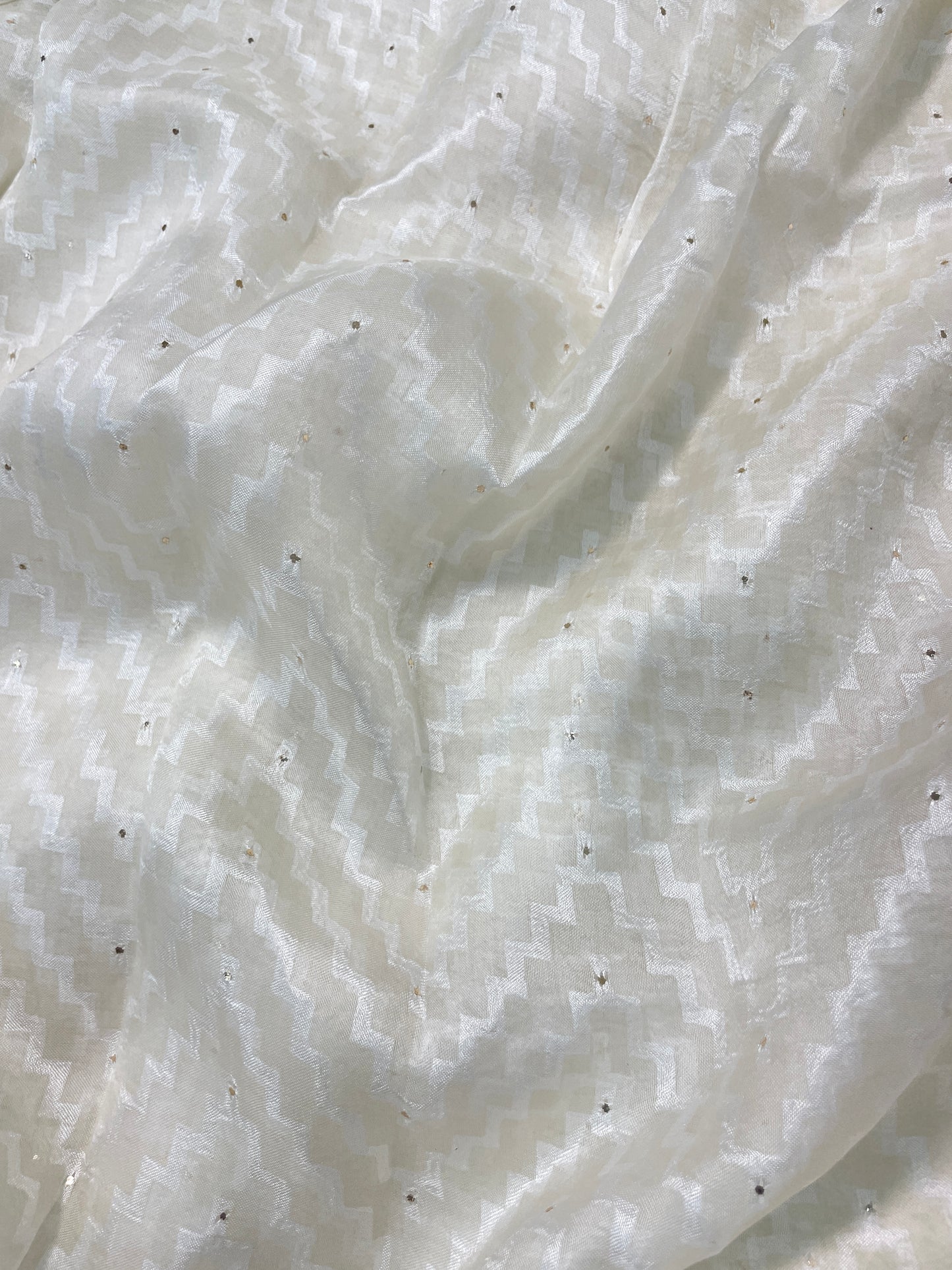 Classic Unique Zig Zag White Thread Embroidery With Mukesh Work On Silk Organza Fabric