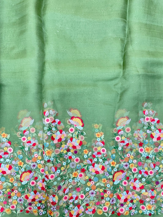 Eye Catching Dainty Flower Thread Pannel Embroidery On Silk Organza Fabric