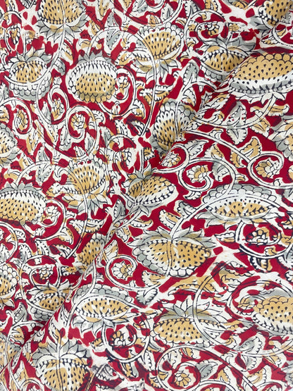 Pretty Red Traditional Magnificent Floral Ajrak Block Print On Satin Fabric