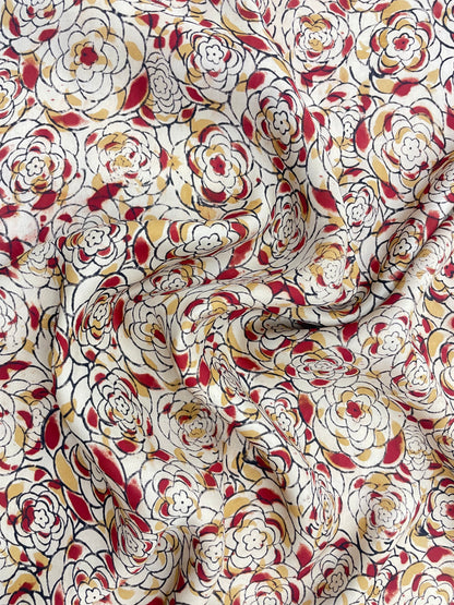 Excellent Beautiful Flower Multi Color Ajrak Block Print On Satin Fabric