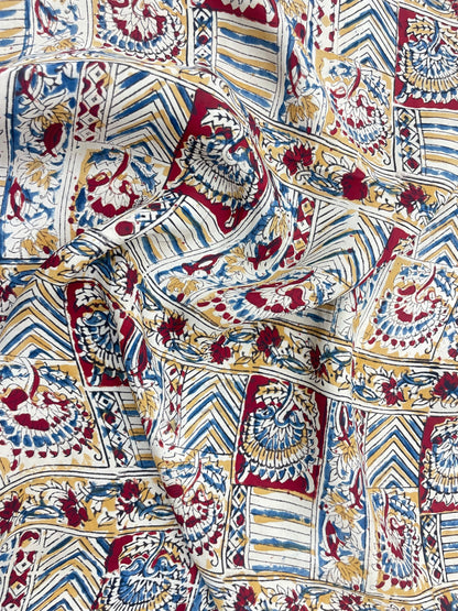 Superb Peacock And Abstract Ethnic Ajrak Block Print On Satin Fabric