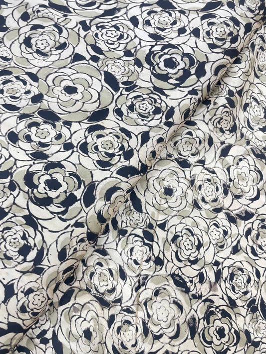 Vibrant Gorgeous Magnificent Floral Black And Grey Ajrak Block Print On Satin Fabric