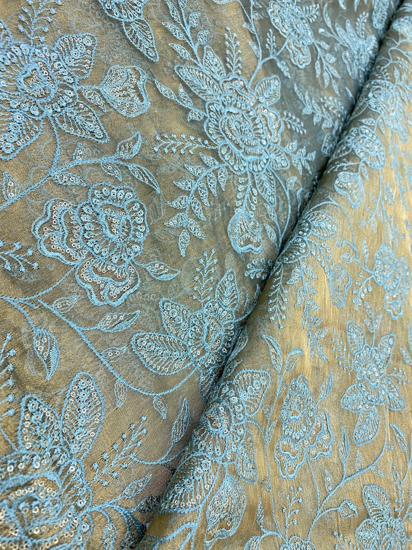 Pretty Elegant Floral Embroidery On Pure Silk Tissue Fabric