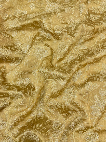 Luxurious Beautiful Floral Embroidery On Pure Silk Tissue Fabric