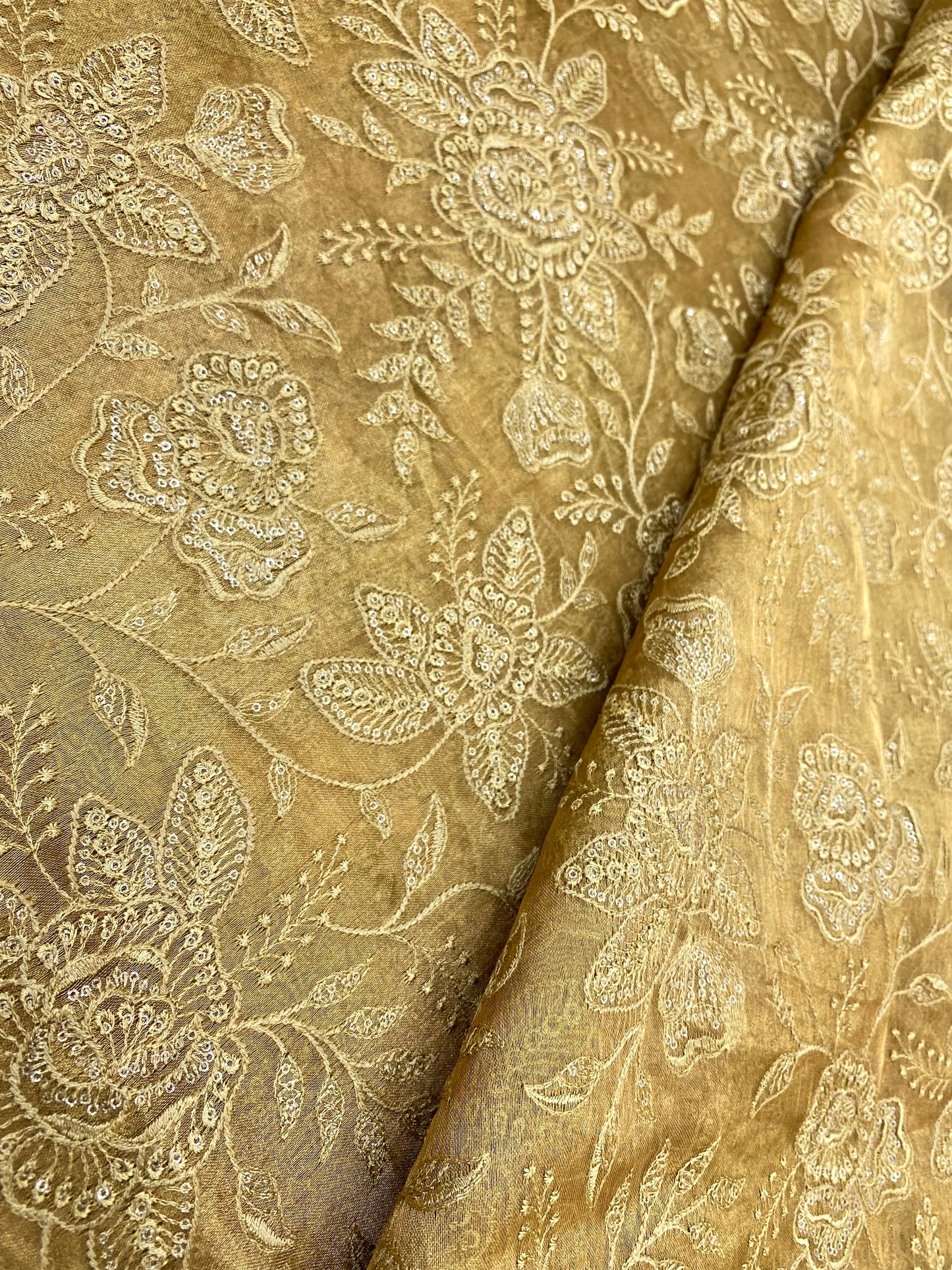 Luxurious Beautiful Floral Embroidery On Pure Silk Tissue Fabric