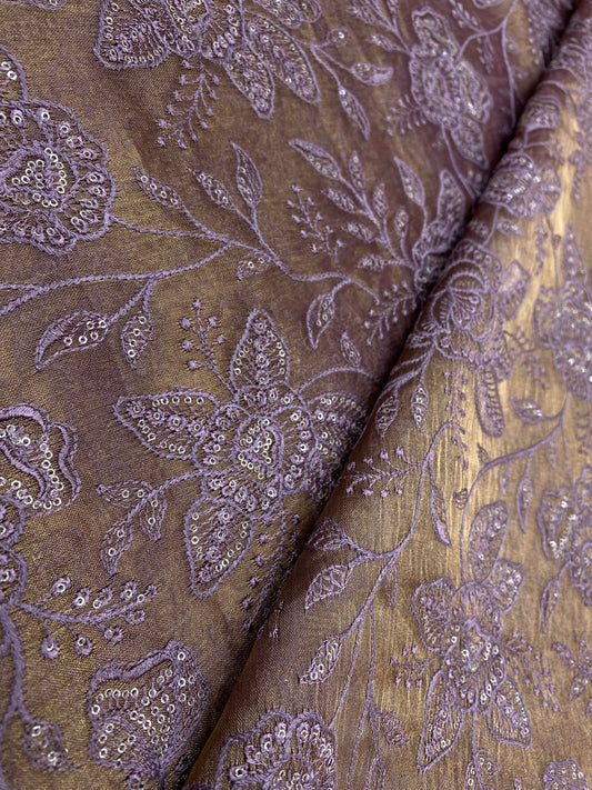 Elegant Pleasant Floral Embroidery On Pure Silk Tissue Fabric