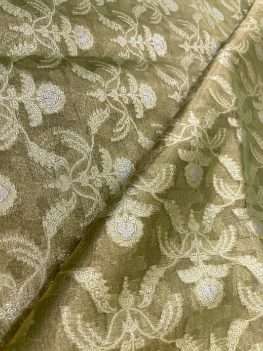 Adorable Premium Floral Embroidery On Pure Silk Tissue Banarasi Fabric