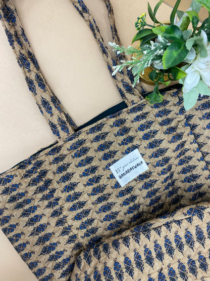 Exclusive Gorgeous Blue Leafy print On Brown Colored Tote Bag