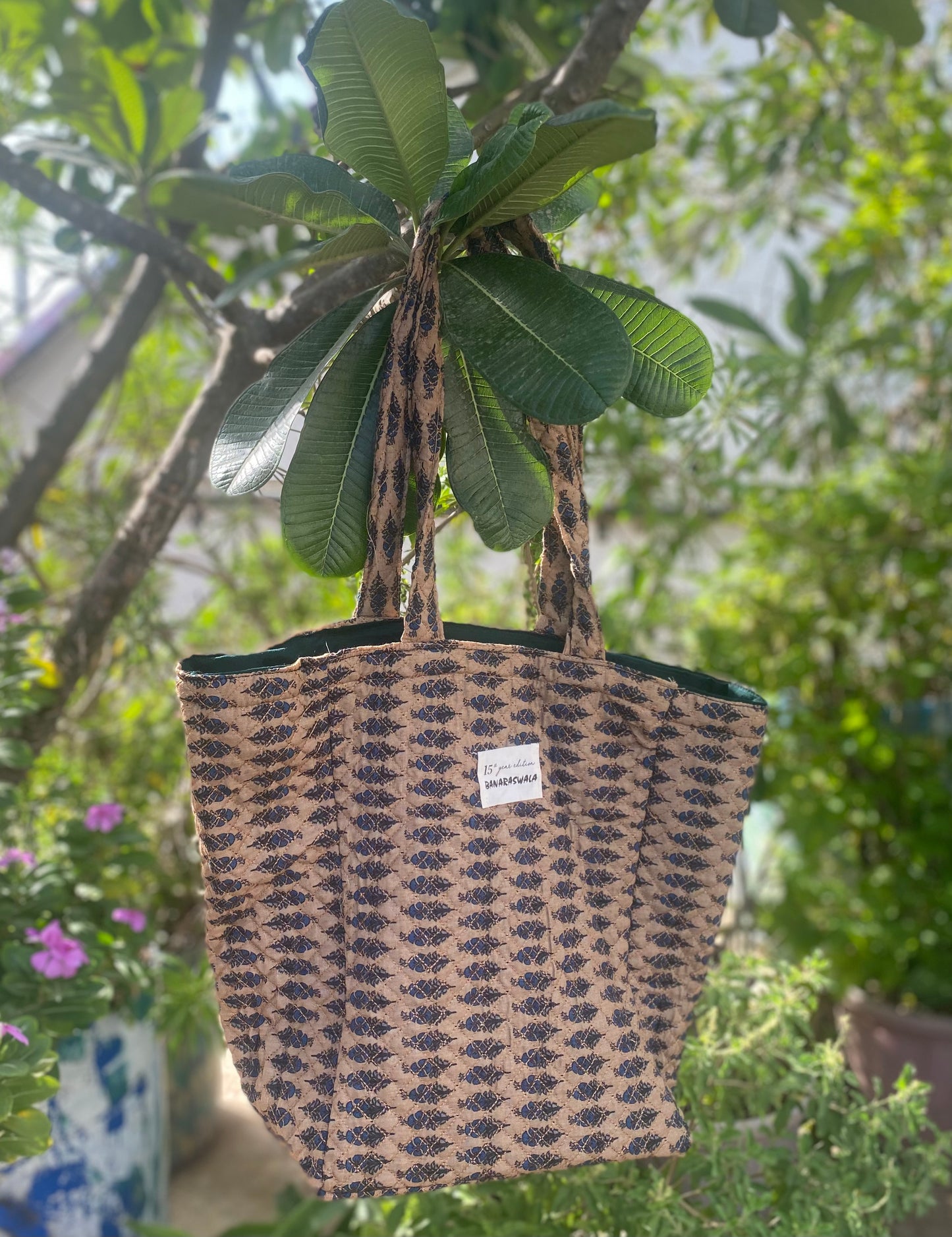 Exclusive Gorgeous Blue Leafy print On Brown Colored Tote Bag