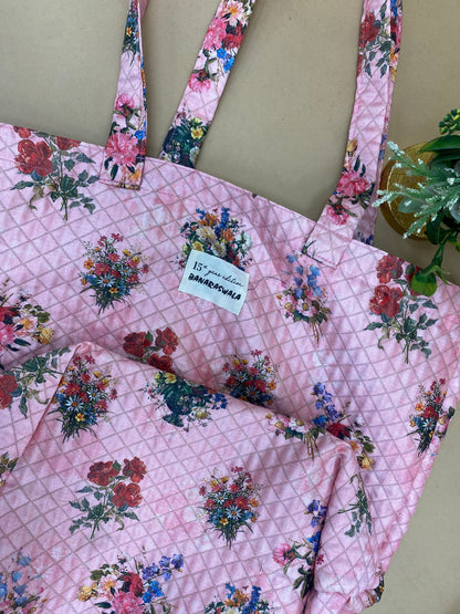 Pretty Adorable Multicolor Floral Print All Over Baby Pink Tote Bag