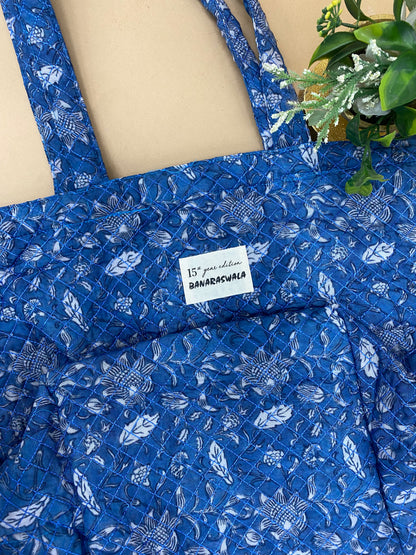 Beautiful Eco Friendly White Leafy And Floral Prints On Blue Colored Cloth Tote Bag