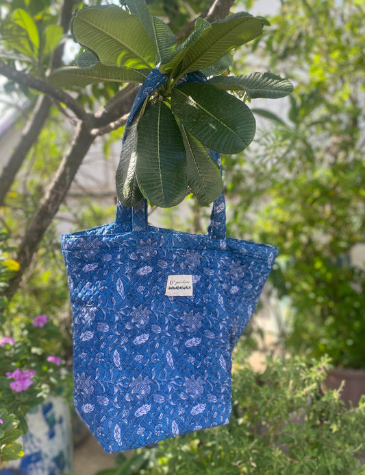Beautiful Eco Friendly White Leafy And Floral Prints On Blue Colored Cloth Tote Bag