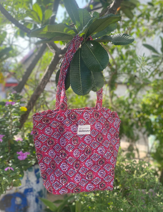 Gorgeous Eco Friendly Traditional Print With Sequin Work On Pink Color Cloth Tote Bag