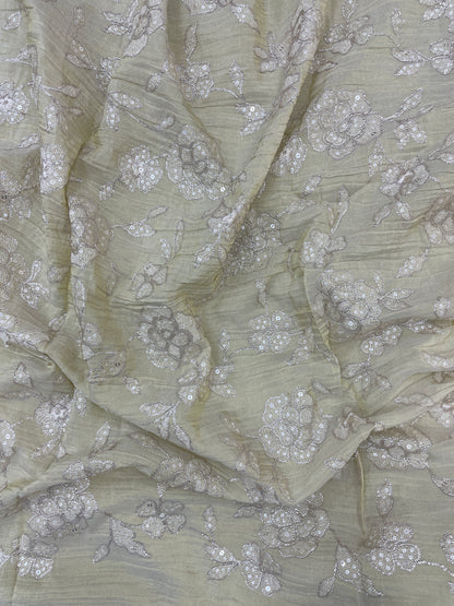 Beautiful Luxurious Floral Zari Embroidery With Sequin Work On Dyeable Tissue Fabric