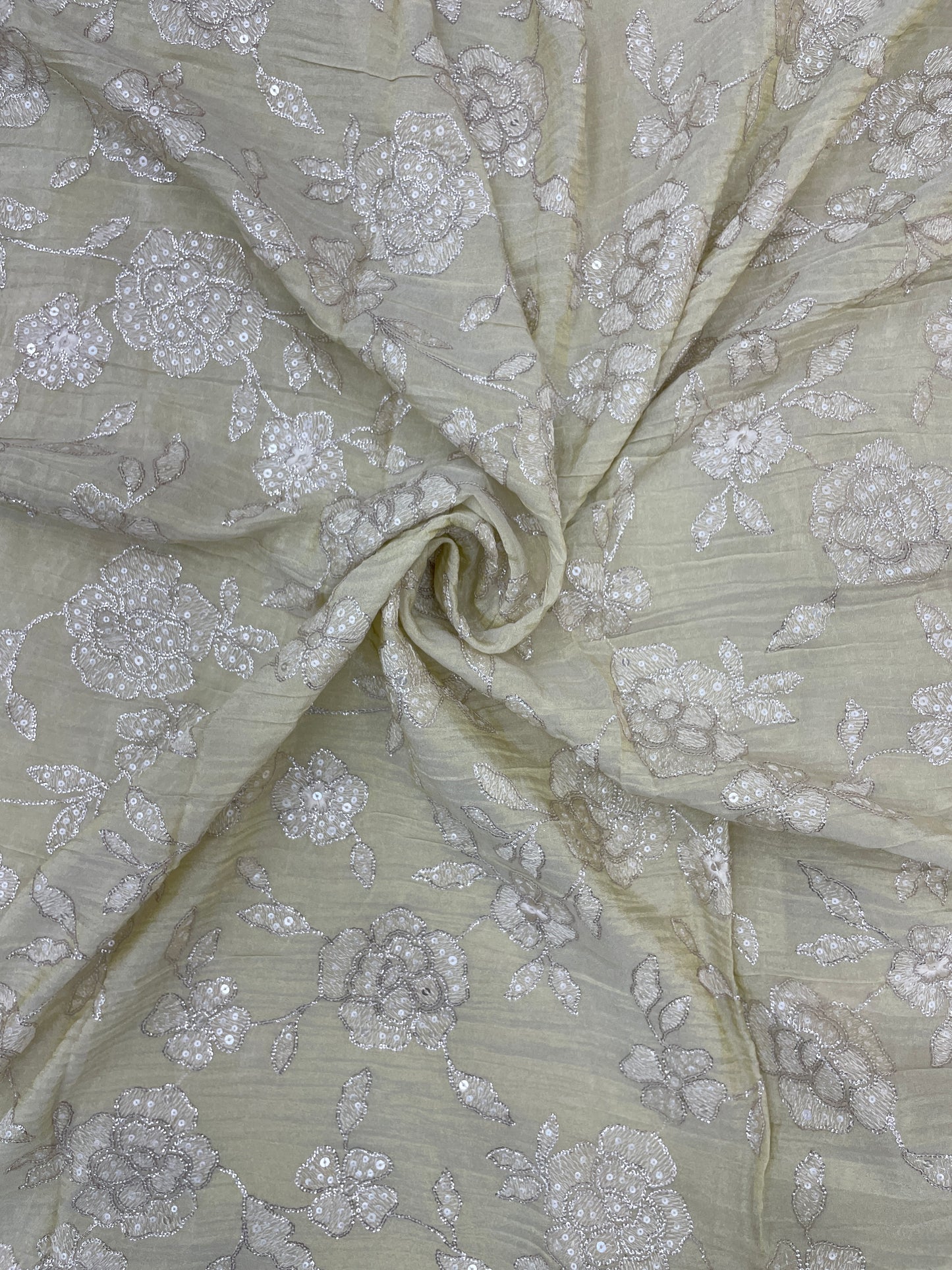 Beautiful Luxurious Floral Zari Embroidery With Sequin Work On Dyeable Tissue Fabric