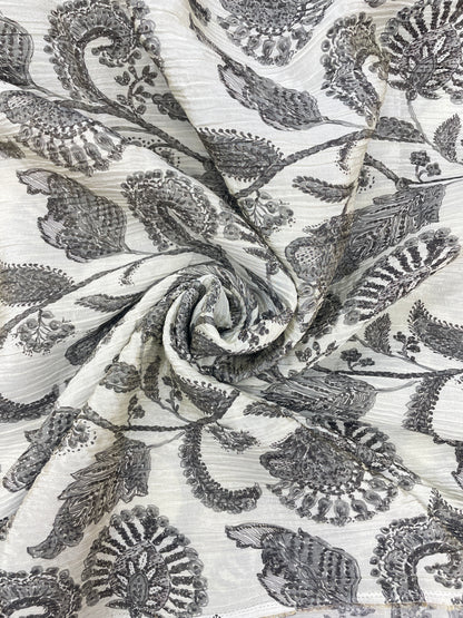 Unique Elegant Flower And Leaf Print On Tissue Crush Fabric