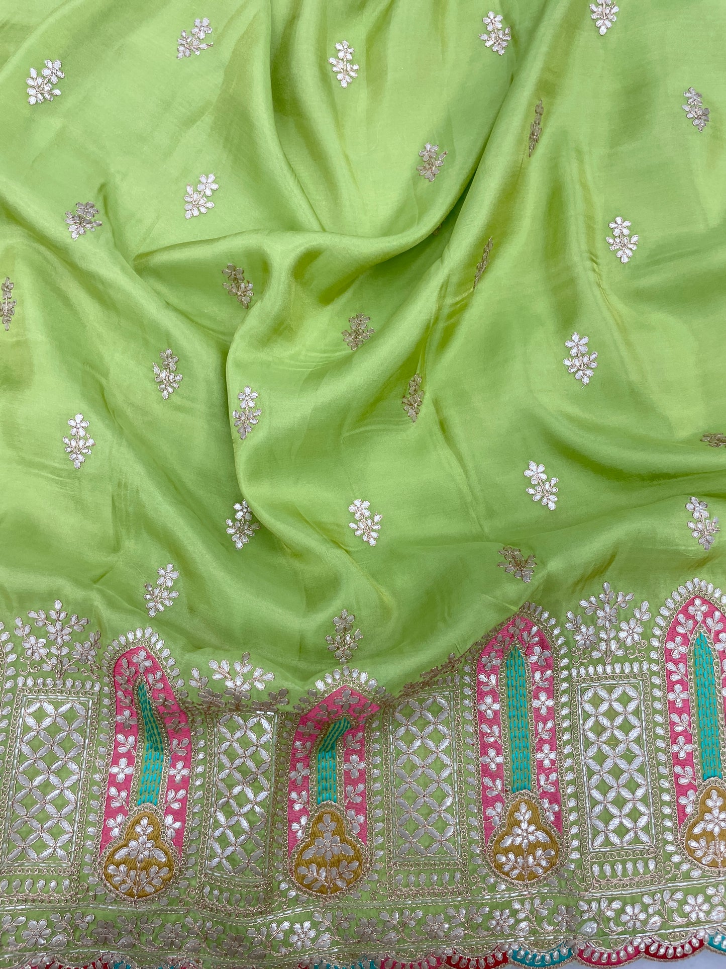 Perfect Wonderful Luxurious Traditional Thread Embroidery With Faux Mirror And Zari Work On Tissue Fabric