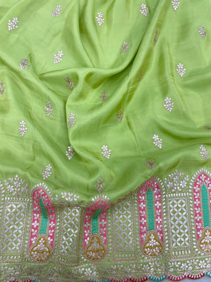 Perfect Wonderful Luxurious Traditional Thread Embroidery With Faux Mirror And Zari Work On Tissue Fabric