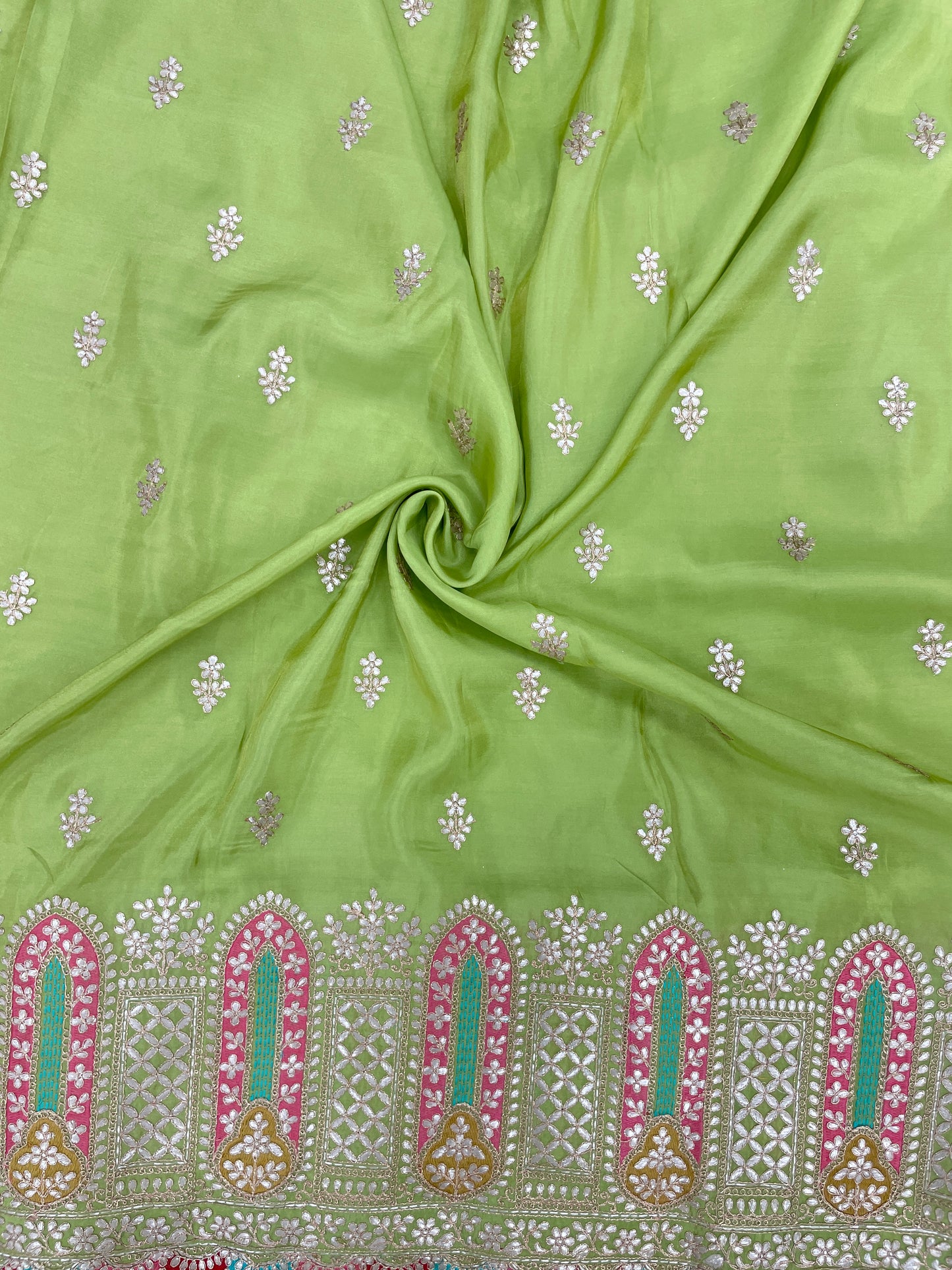 Perfect Wonderful Luxurious Traditional Thread Embroidery With Faux Mirror And Zari Work On Tissue Fabric