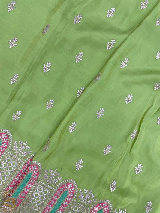 Perfect Wonderful Luxurious Traditional Thread Embroidery With Faux Mirror And Zari Work On Tissue Fabric