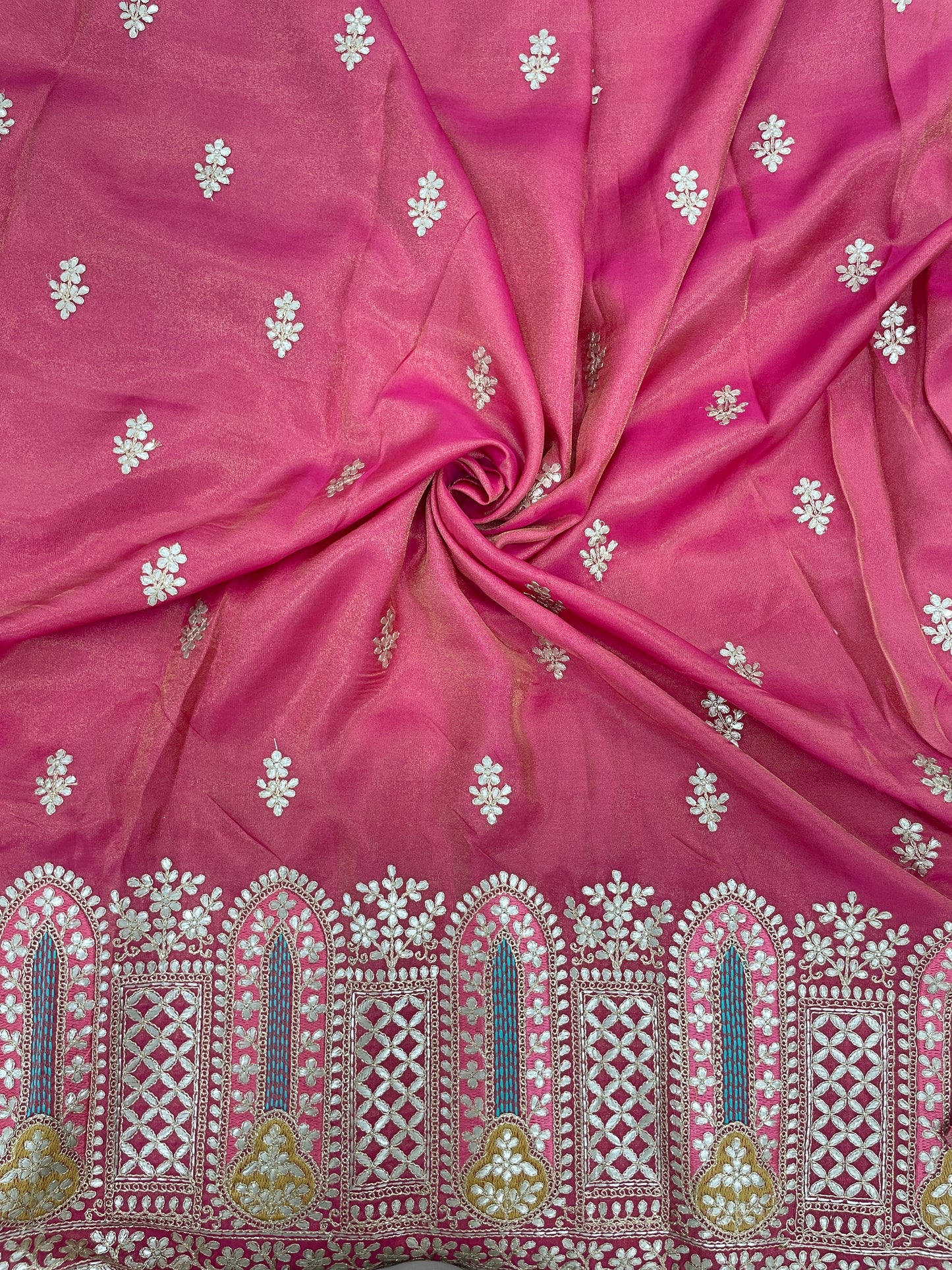 Perfect Wonderful Luxurious Traditional Thread Embroidery With Faux Mirror And Zari Work On Tissue Fabric