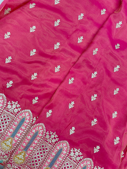 Perfect Wonderful Luxurious Traditional Thread Embroidery With Faux Mirror And Zari Work On Tissue Fabric