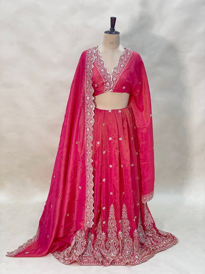 Attractive Beautiful Beads And Sequin Embroidery With Heavy Border Lehenga Set On Tissue Fabric