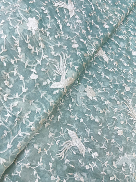 Classic Pleasant White Floral And Bird Thread Embroidery On Tissue Fabric