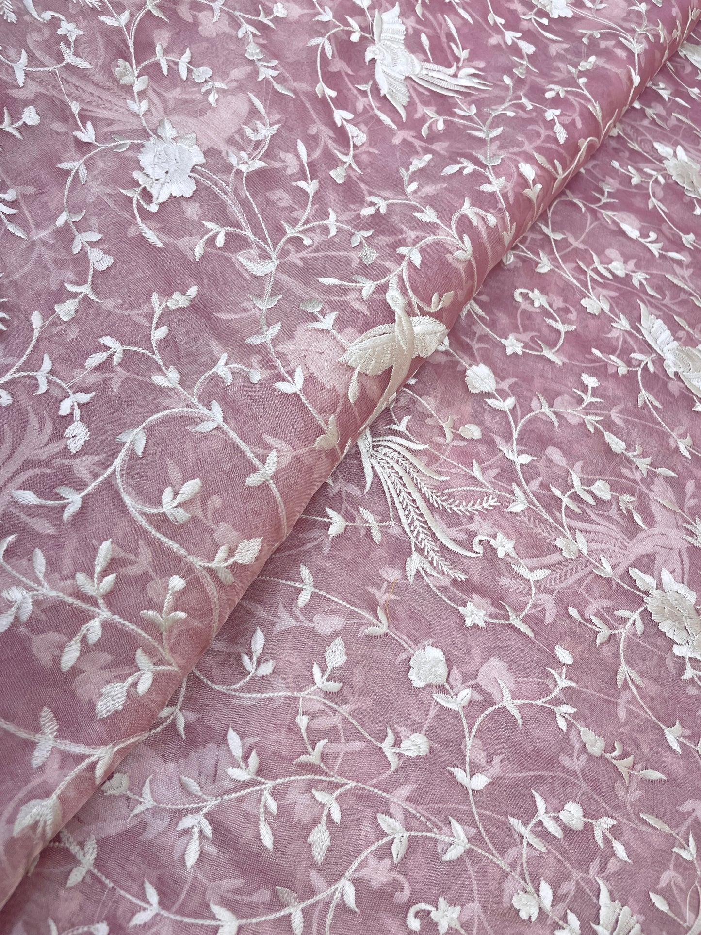 Classic Pleasant White Floral And Bird Thread Embroidery On Tissue Fabric