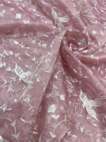 Classic Pleasant White Floral And Bird Thread Embroidery On Tissue Fabric