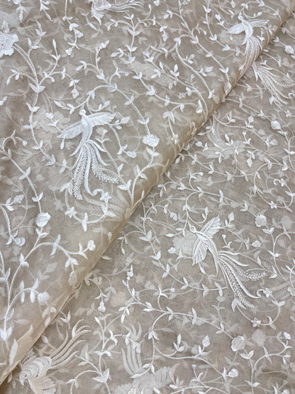 Classic Pleasant White Floral And Bird Thread Embroidery On Tissue Fabric