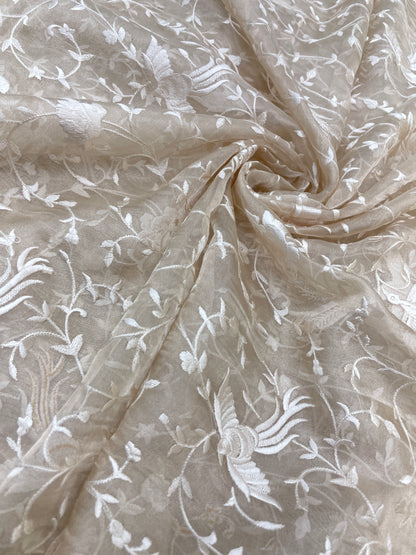 Classic Pleasant White Floral And Bird Thread Embroidery On Tissue Fabric