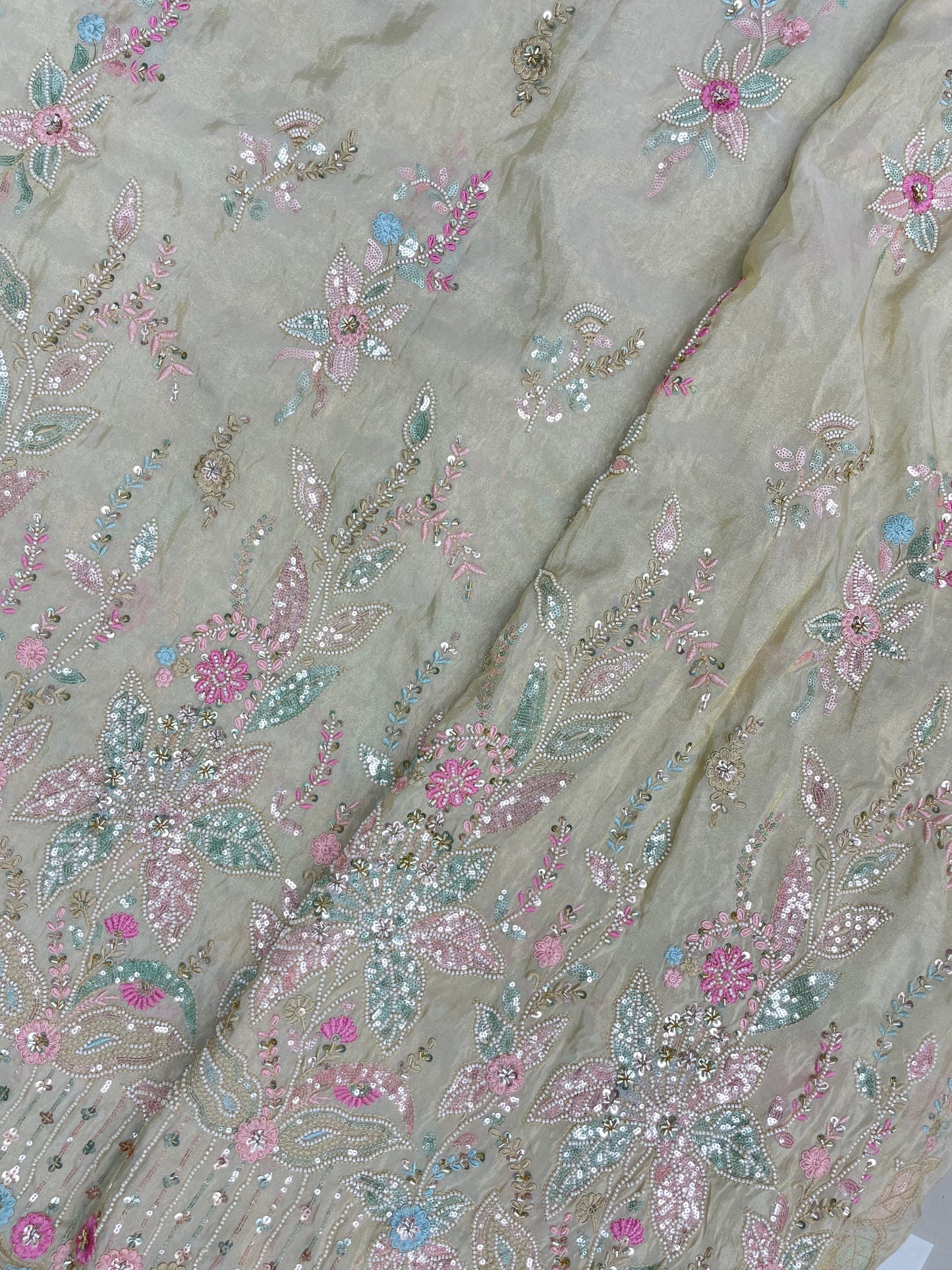 Delicate Gorgeous Floral Multi Color Thread Embroidery With Cut Dana And Multi Color Sequin Work On Tissue Fabric