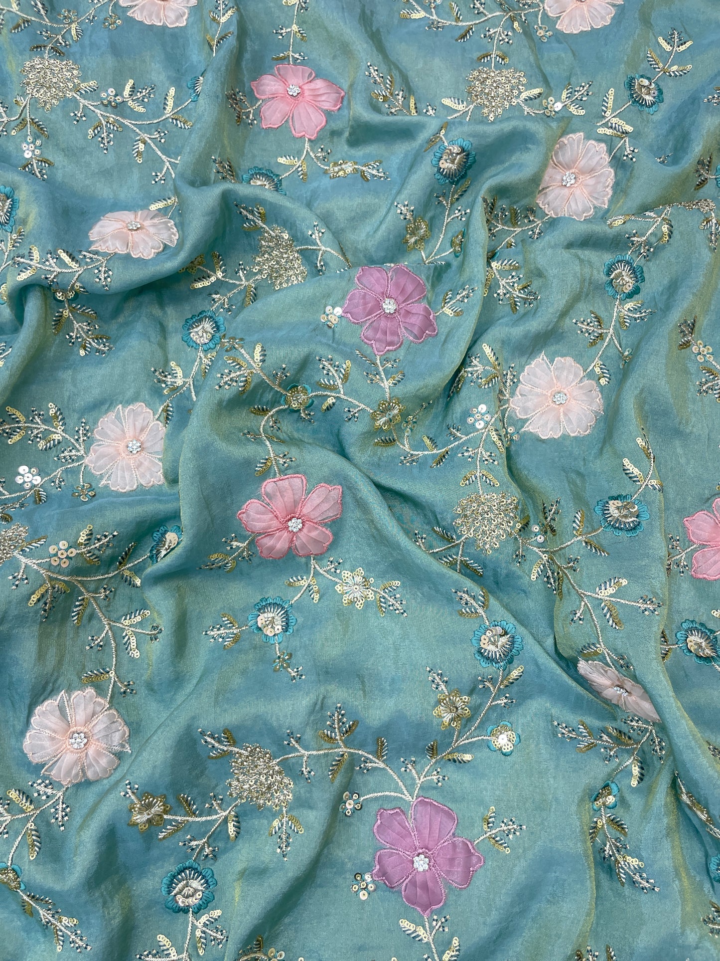 Eye Catching Elegant Floral Patch Work With Thread And Sequin Embroidery On Tissue Fabric