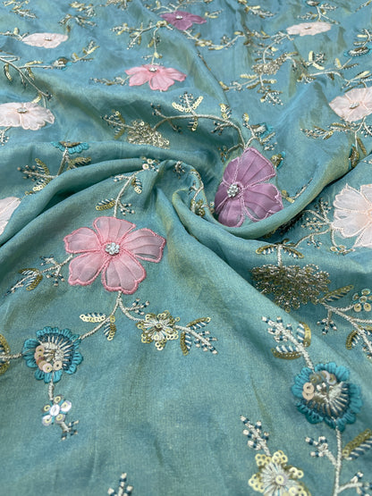 Eye Catching Elegant Floral Patch Work With Thread And Sequin Embroidery On Tissue Fabric