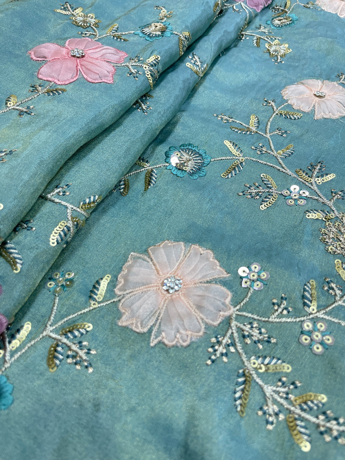 Eye Catching Elegant Floral Patch Work With Thread And Sequin Embroidery On Tissue Fabric