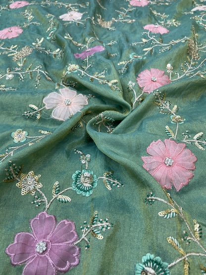 Eye Catching Elegant Floral Patch Work With Thread And Sequin Embroidery On Tissue Fabric