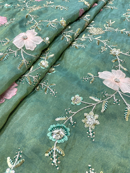 Eye Catching Elegant Floral Patch Work With Thread And Sequin Embroidery On Tissue Fabric