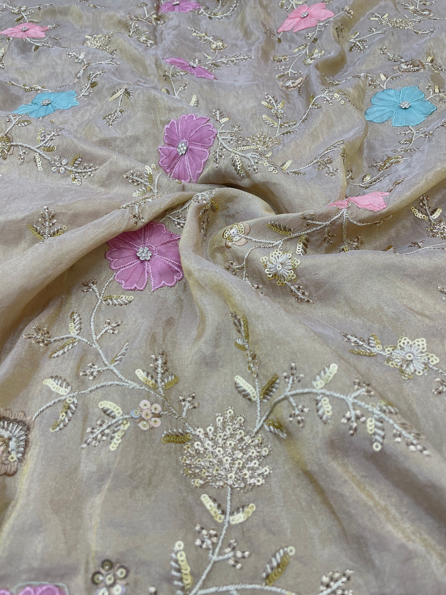 Eye Catching Elegant Floral Patch Work With Thread And Sequin Embroidery On Tissue Fabric