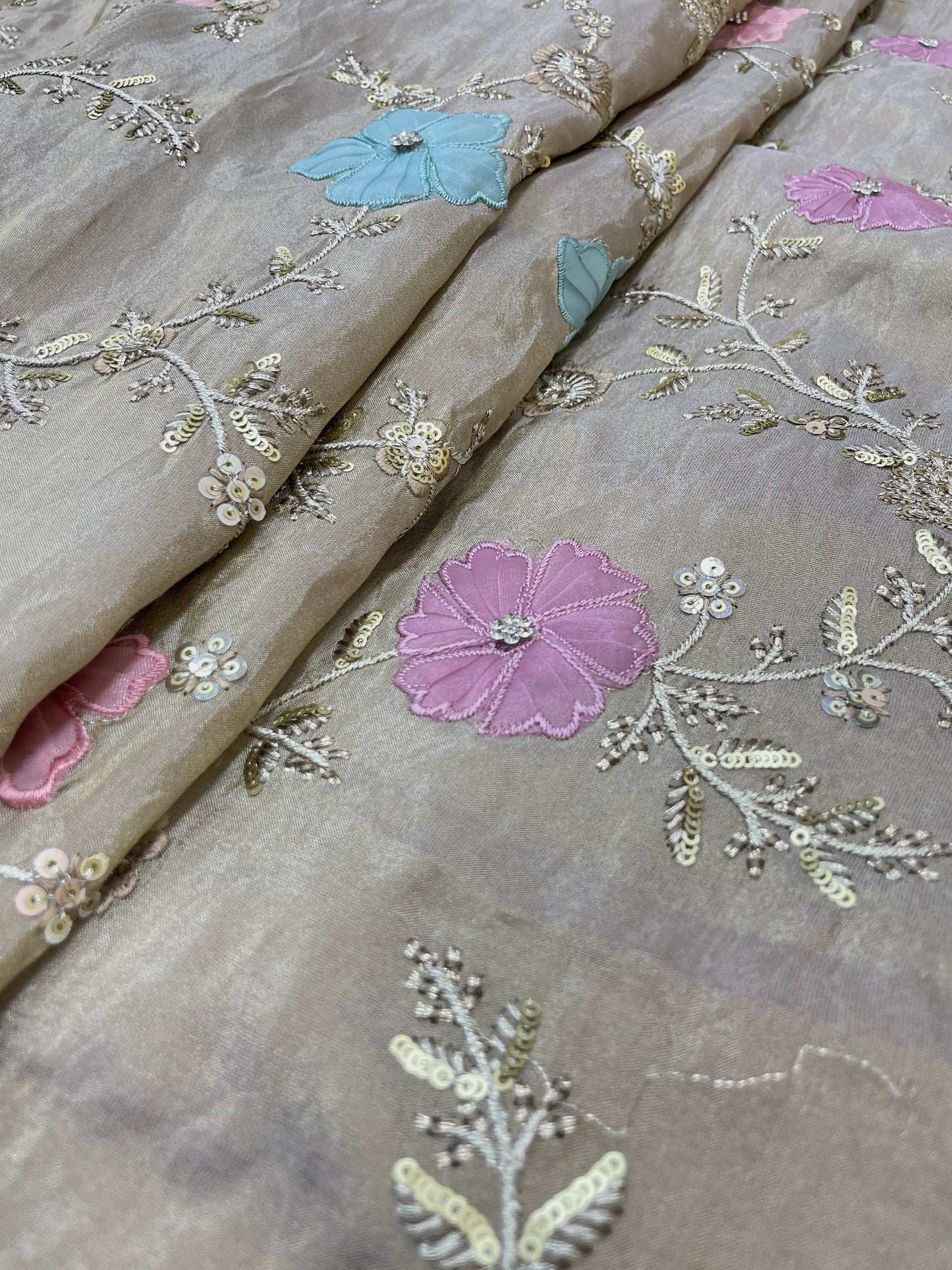 Eye Catching Elegant Floral Patch Work With Thread And Sequin Embroidery On Tissue Fabric