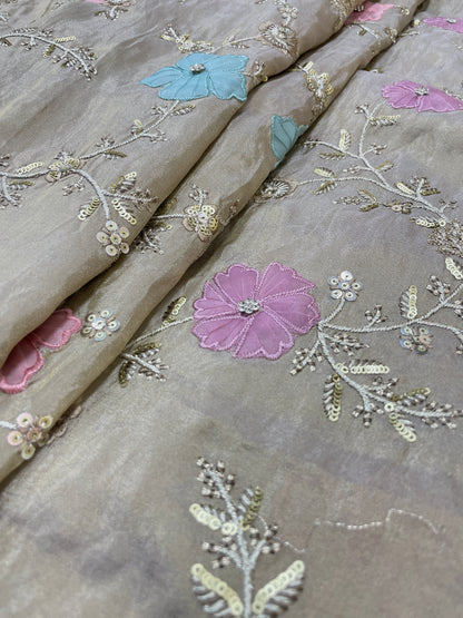 Eye Catching Elegant Floral Patch Work With Thread And Sequin Embroidery On Tissue Fabric