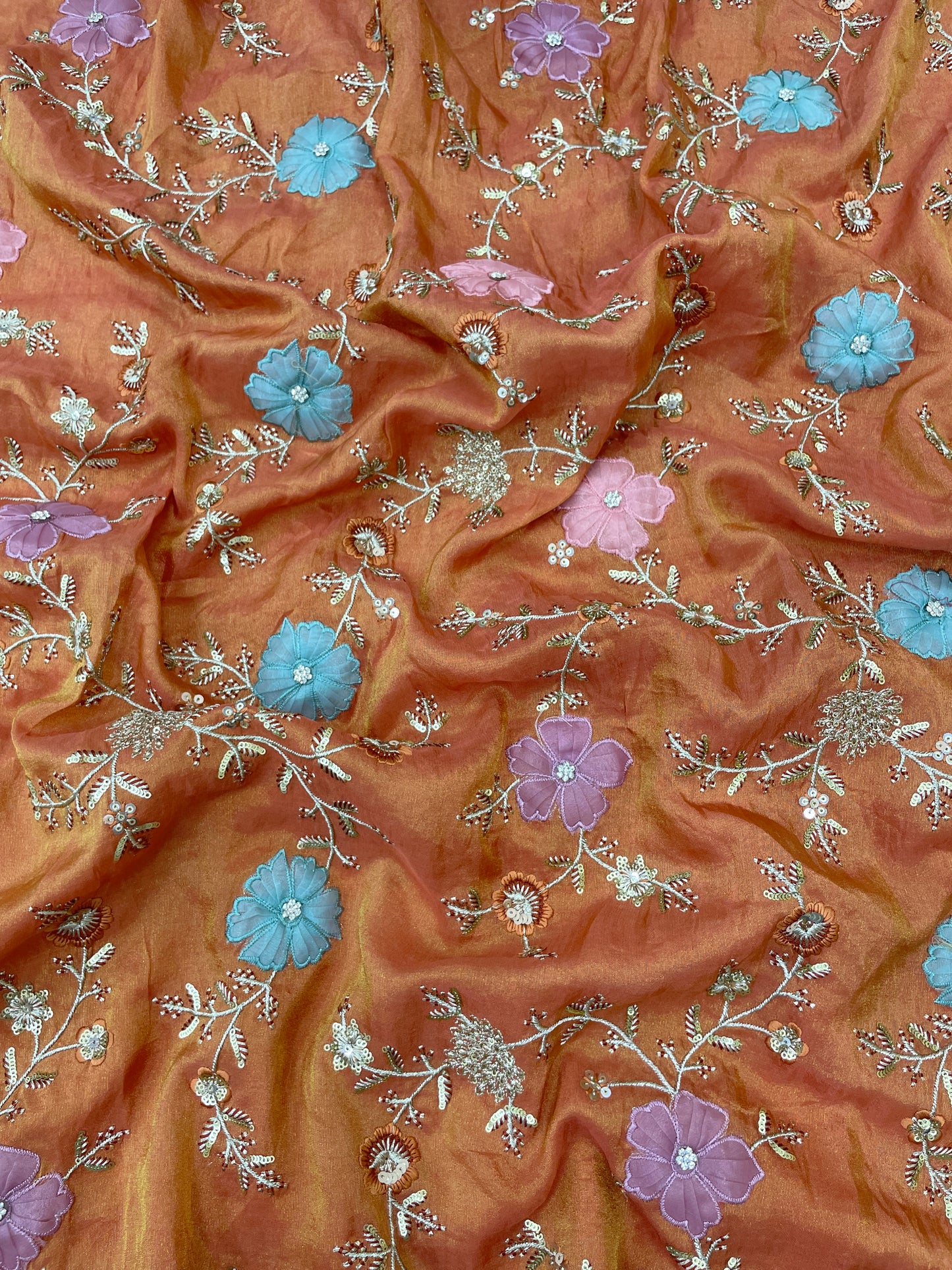 Eye Catching Elegant Floral Patch Work With Thread And Sequin Embroidery On Tissue Fabric