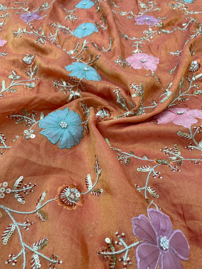 Eye Catching Elegant Floral Patch Work With Thread And Sequin Embroidery On Tissue Fabric