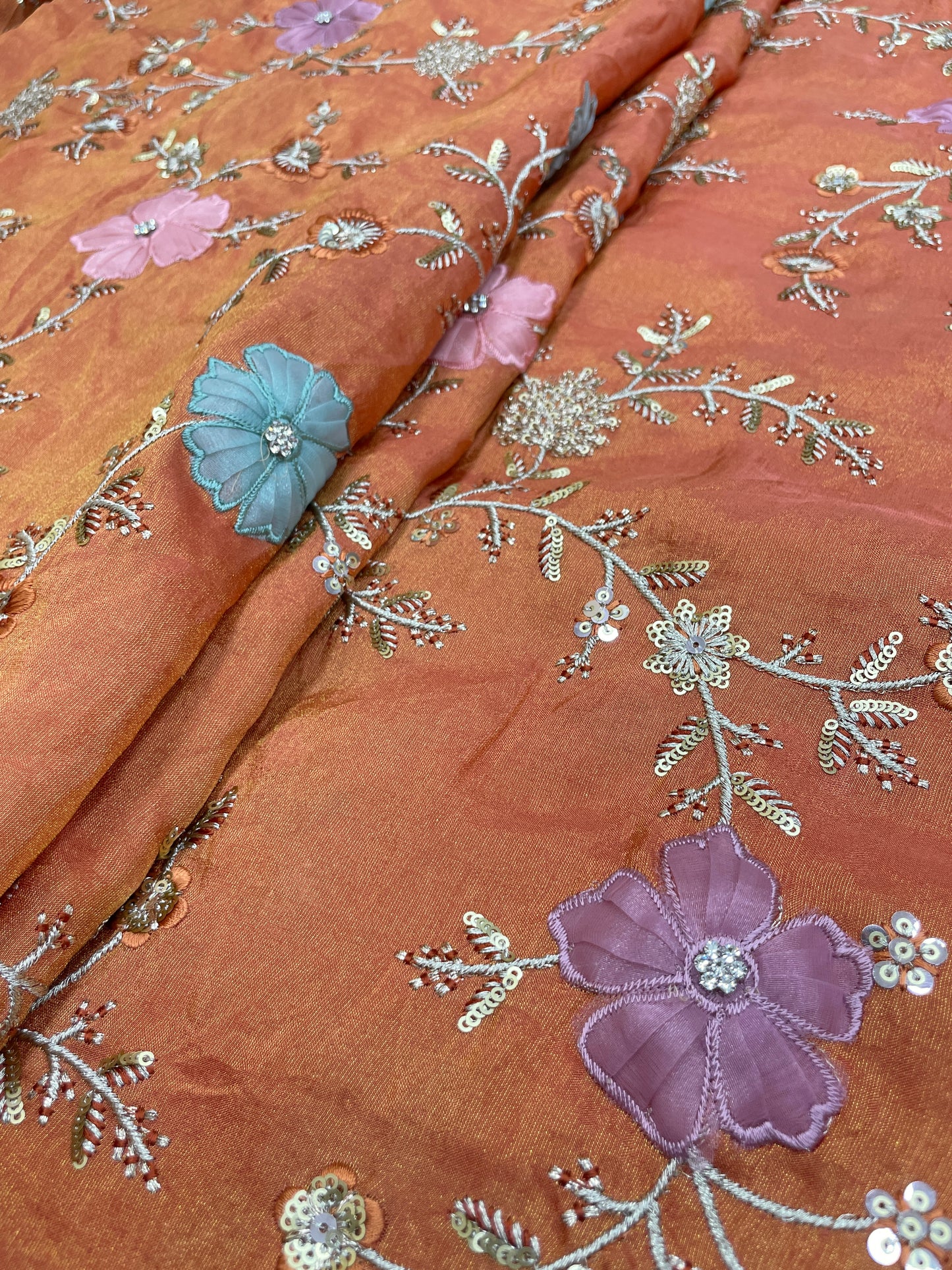 Eye Catching Elegant Floral Patch Work With Thread And Sequin Embroidery On Tissue Fabric