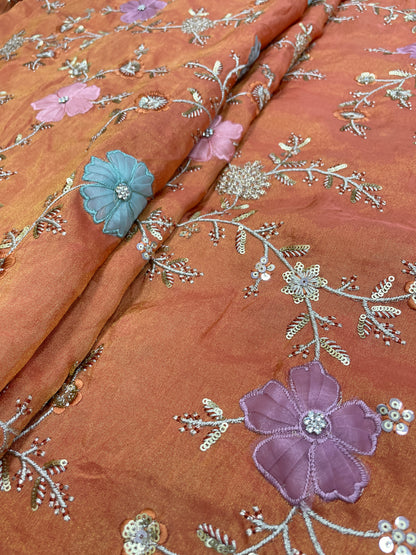 Eye Catching Elegant Floral Patch Work With Thread And Sequin Embroidery On Tissue Fabric