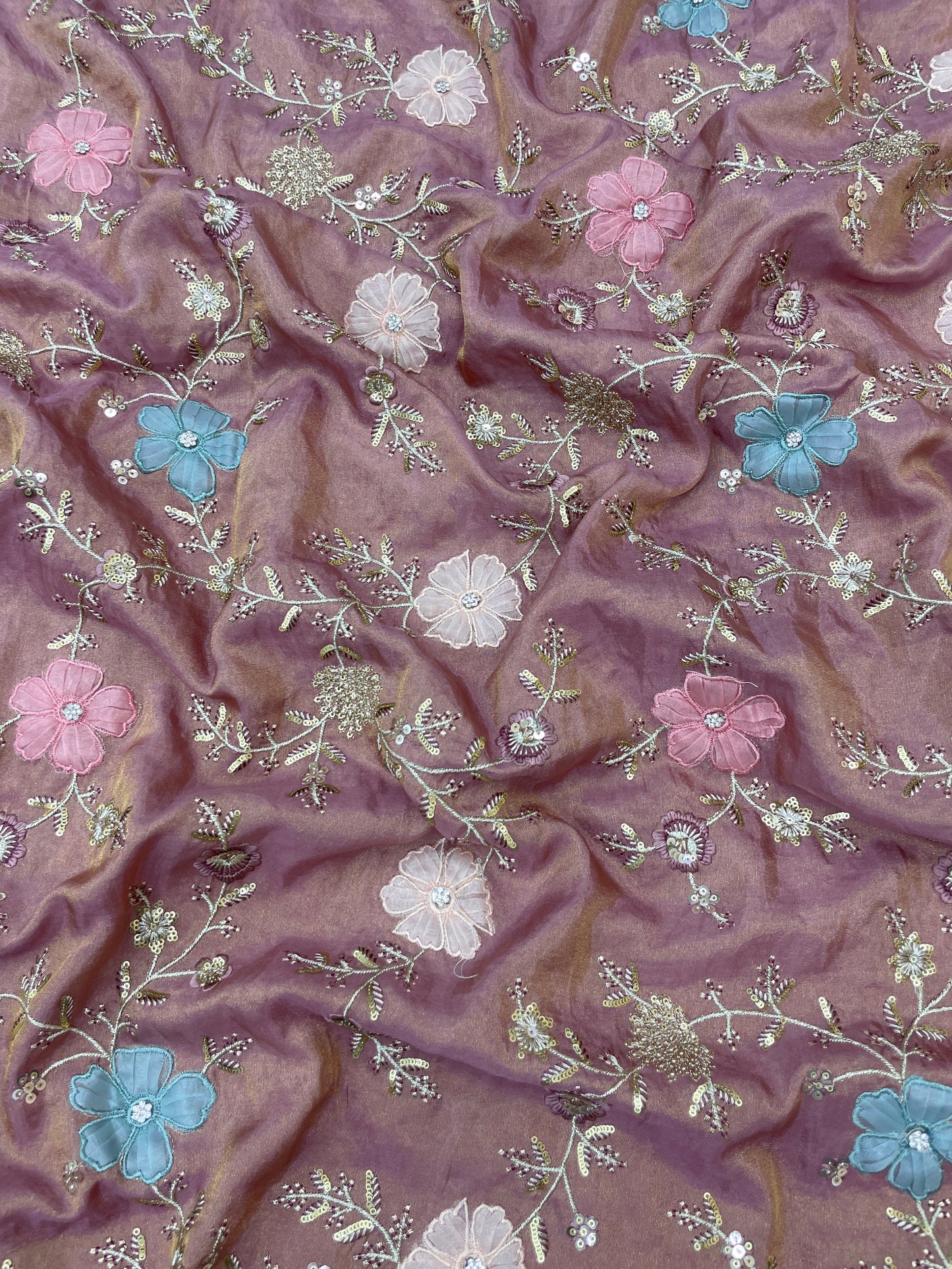 Eye Catching Elegant Floral Patch Work With Thread And Sequin Embroidery On Tissue Fabric